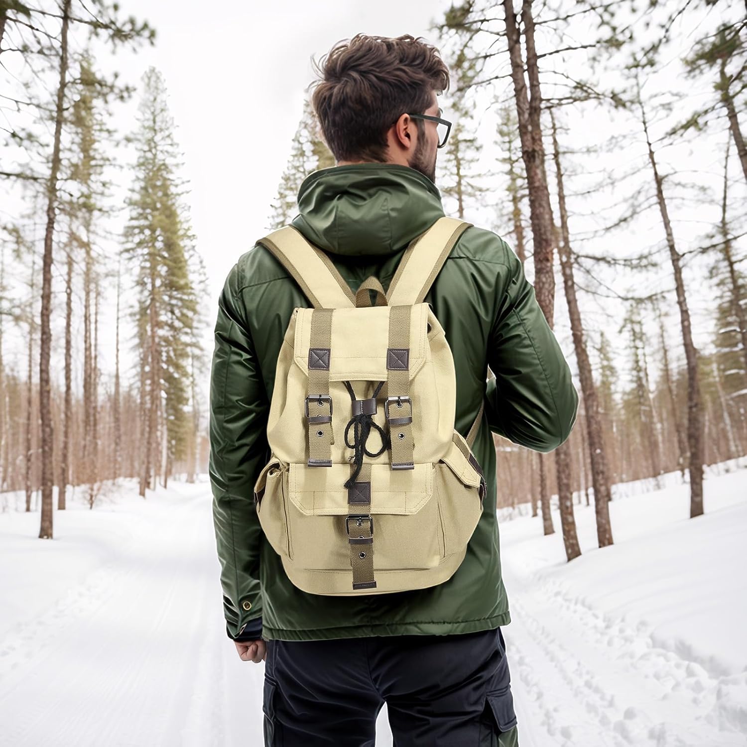 Vintage Canvas Backpack for Men Women, Durable Casual Daypack, Large Capacity Travel Rucksack Fits for Hiking and Daily Use (Khaki) - Image 2