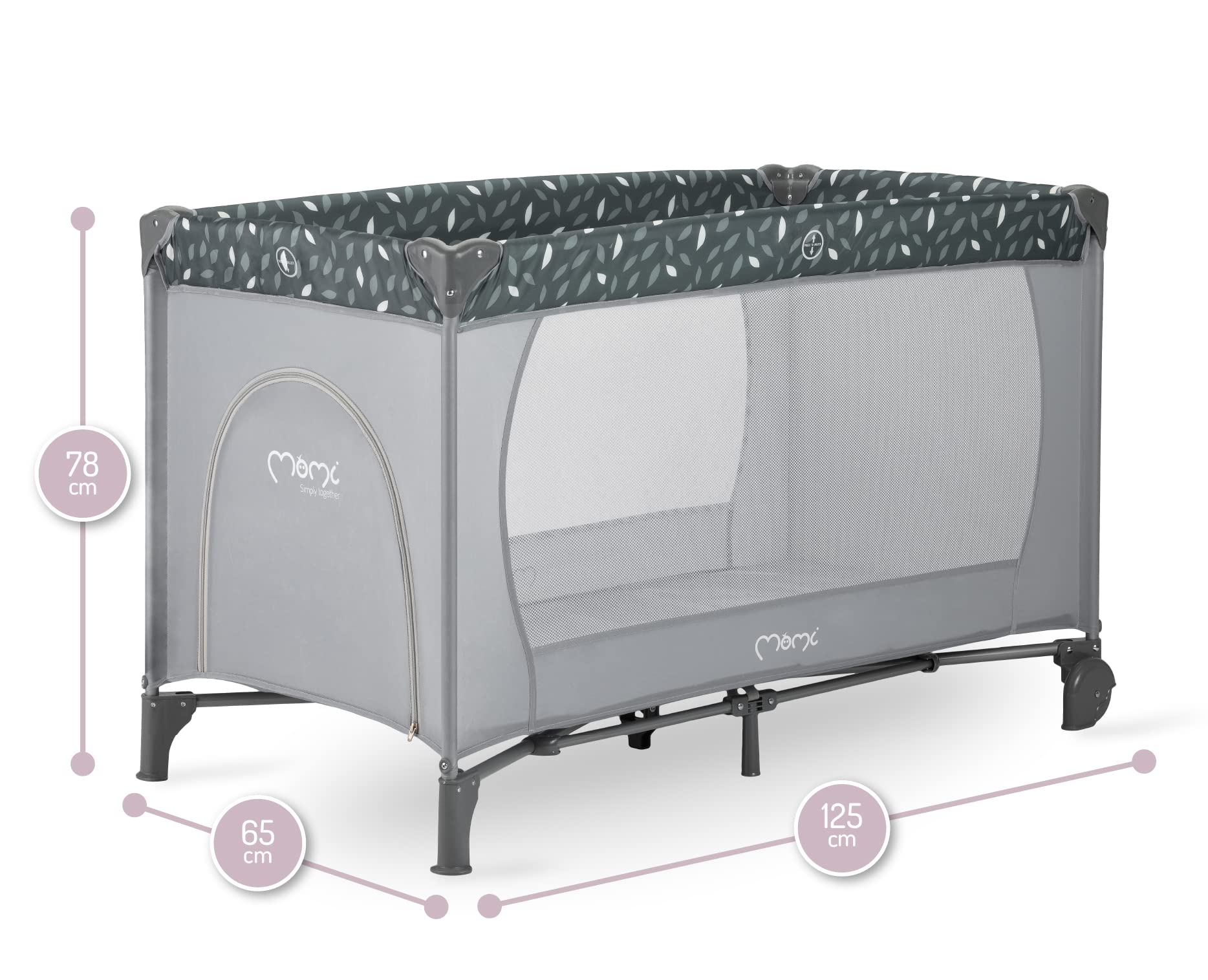 Momi Lit de Voyage BELOVE, pour Les Enfants Jusqu’à 15 kg de Poids corporel, Largeur 65 x Longueur 125 x Hauteur 78 cm (plié 21 x 23 x 80 cm), lit de Voyage pour Enfants avec Matelas, 2 Roues