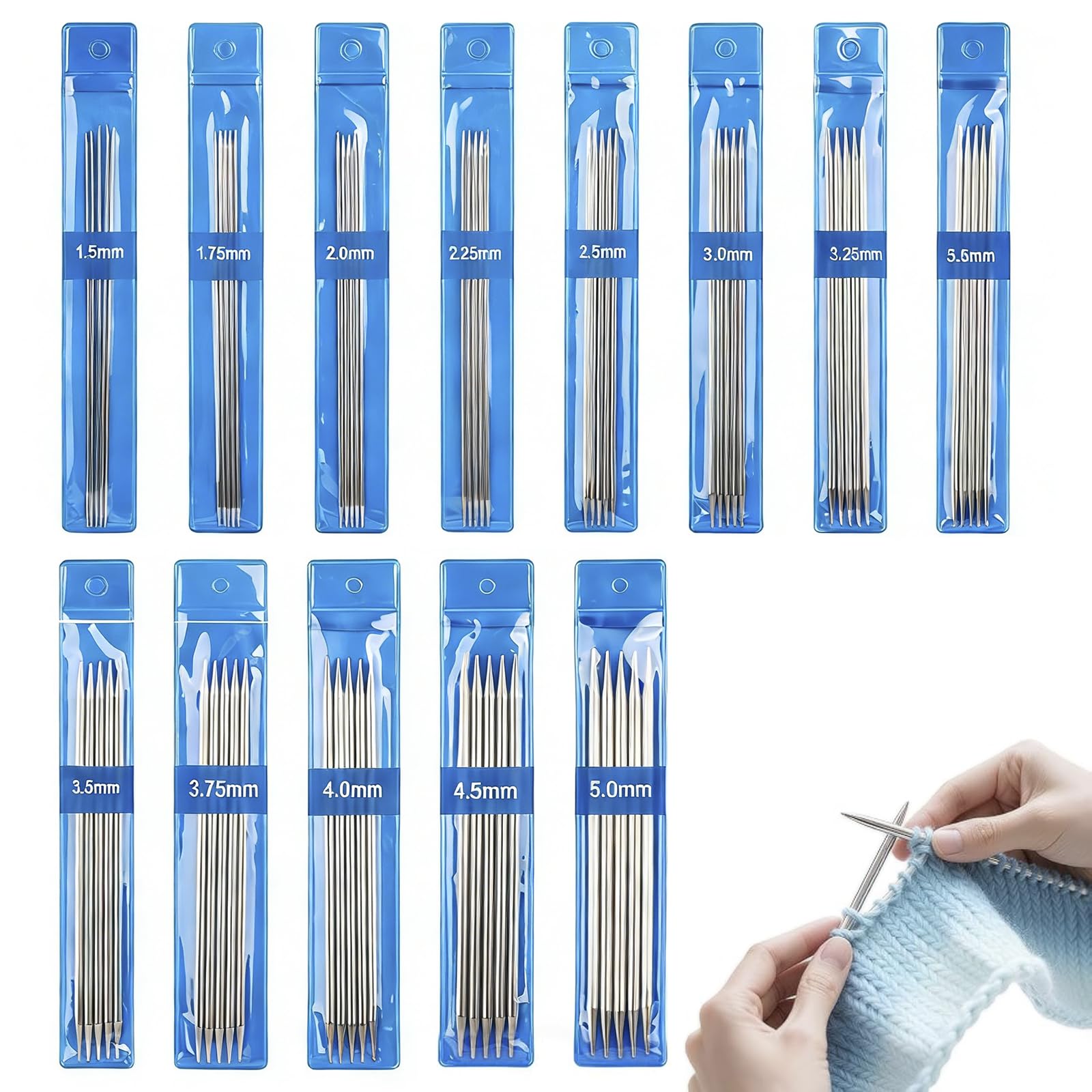 Double Pointed Knitting Needles Set, 14 Pcs 70 Needles Stainless Steel Short Double Ended Knitting Needles Set, 1.2-5.0 mm Metal Straight Sock Knitting Needle for DIY Hat Sleeves Handcraft Sweater W