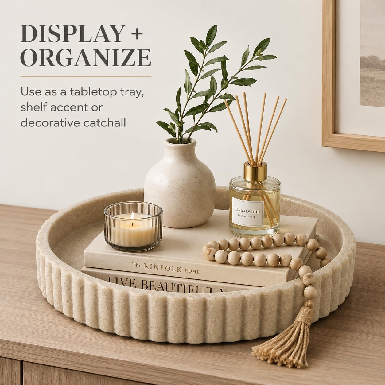 Decorative Coffee Table Tray, 11" Round Beige Resin Coffee Table Centerpiece Tray for Home Decor, Round Trays for for Living Room, Kitchen Island Counter, Dresser