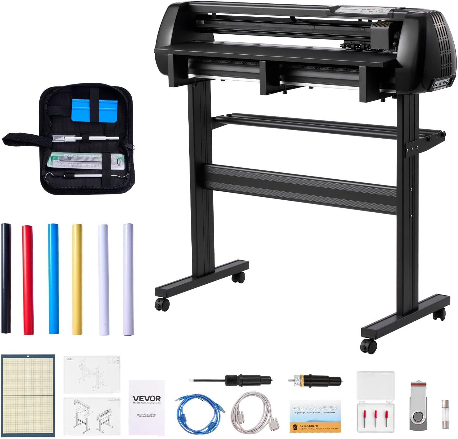 VEVOR Vinyl Cutter Machine, 34 inch Max Feed Width, Dual Blades, Adjustable Force and Speed, LED Display, Vinyl Plotter Cutter Printer Bundle with Sticker Sheets, Transfer Film, Signmaster Software