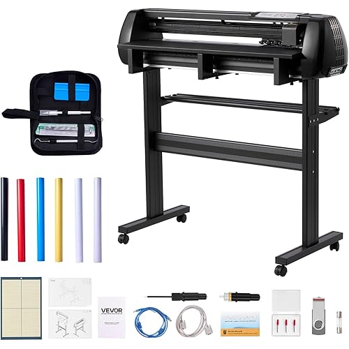 VEVOR Vinyl Cutter Machine, 34 inch Max Feed Width, Dual Blades, Adjustable Force and Speed, LED Display, Vinyl Plotter Cutter Printer Bundle with Sticker Sheets, Transfer Film, Signmaster Software