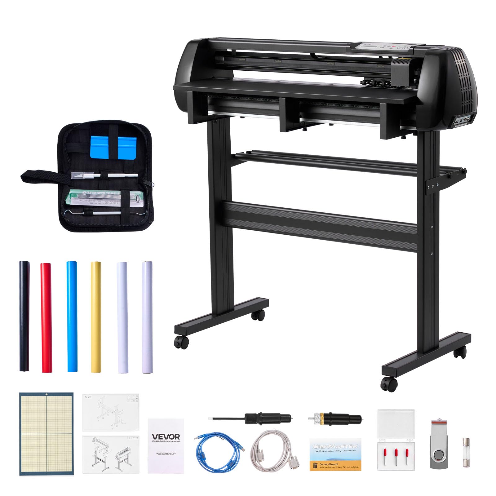 VEVOR Plotter de Découpe Largeur d'alimentation Max. 870 mm, Traceur de Coupe Vinyle Double Lame, Force et Vitesse Réglables, avec Feuilles d'Autocollants, Film de Transfert et Logiciel Signmaster