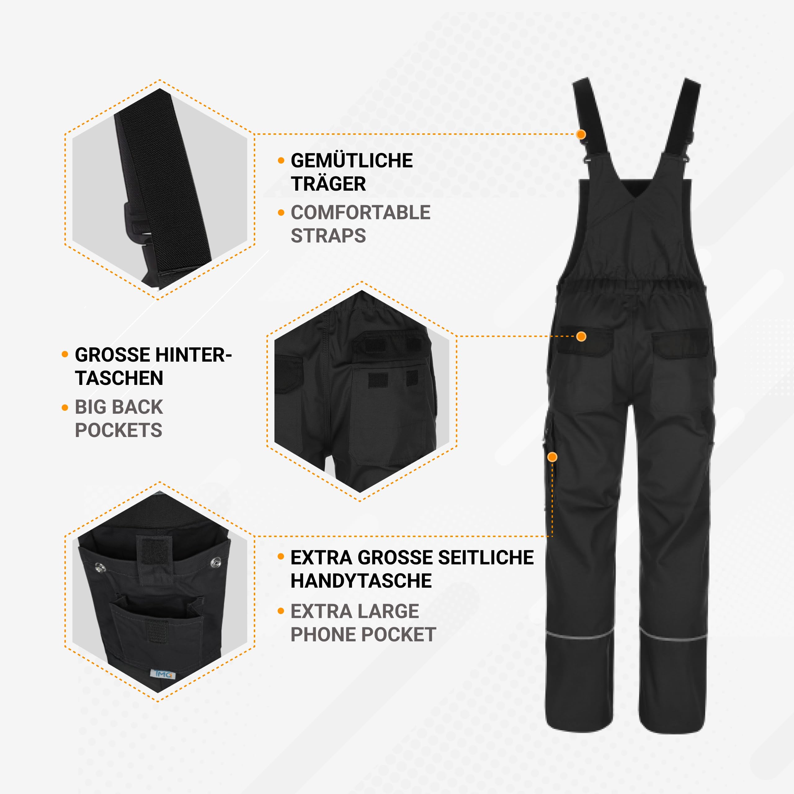TMG® | Lange Arbeitslatzhose Herren, Schwarze Latzhose mit Kniepolstertaschen aus Cordura, viel Stauraum, robust | 68