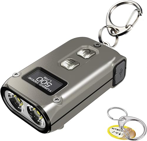 Nitecore TINI - Linterna con 2 llaveros, 500 lúmenes USB-C recargable de carga rápida con pantalla digital (titanio)