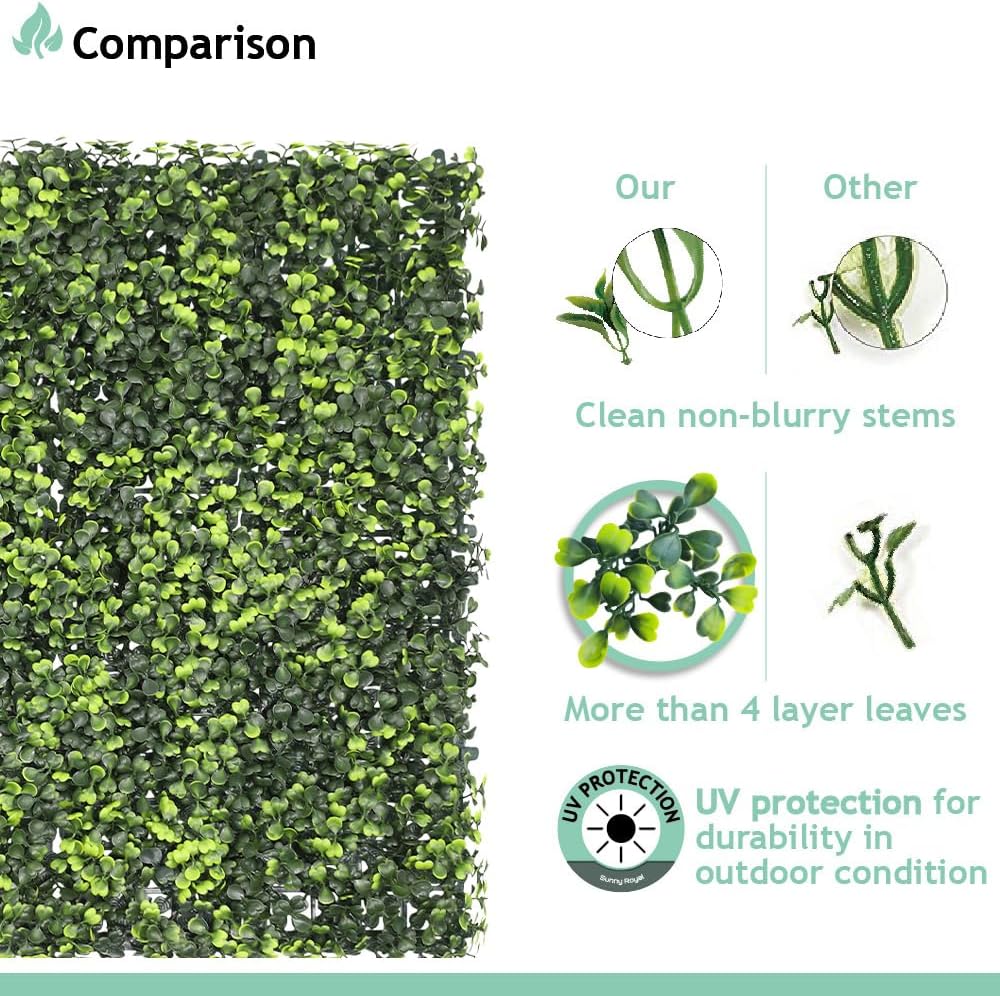 SunnyRoyal 6 Pcs 20"x20" Artificial Boxwood Panels Grass Wall Greenery Backdrop Decor Privacy Hedge Fence Screen for Outdoor Indoor Backyard Garden Decoration,Boxwood with Backing