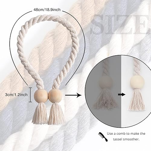 Miniatura 4 de NICEEC Paquete de 6 alzapaños magnéticos de poliedro de madera, decoración del hogar, lazos de algodón natural tejido a mano para cortinas para el