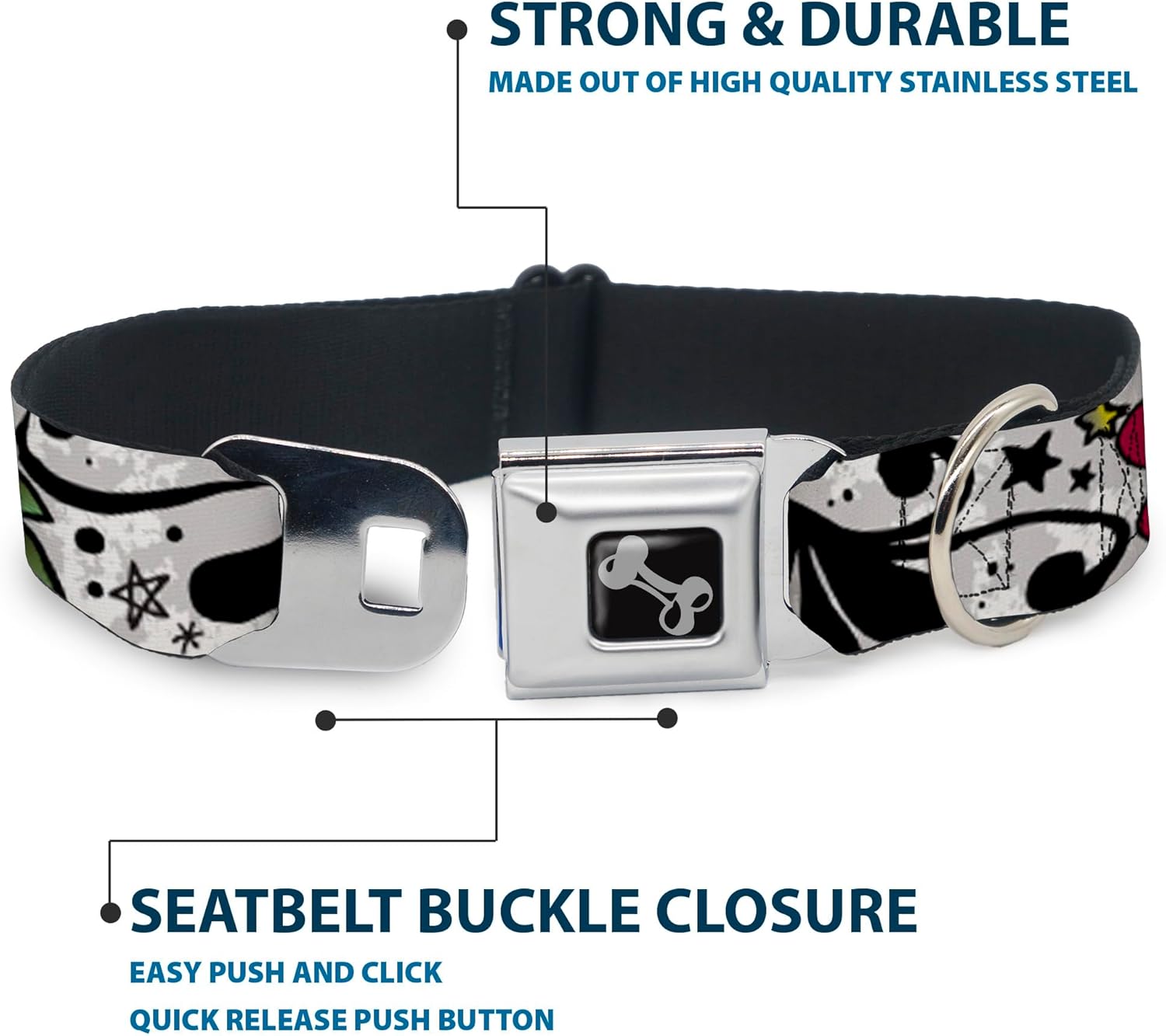 Dog Collar Seatbelt Buckle Mom Dad Close Up White 11 to 17 Inches 1.0 Inch Wide