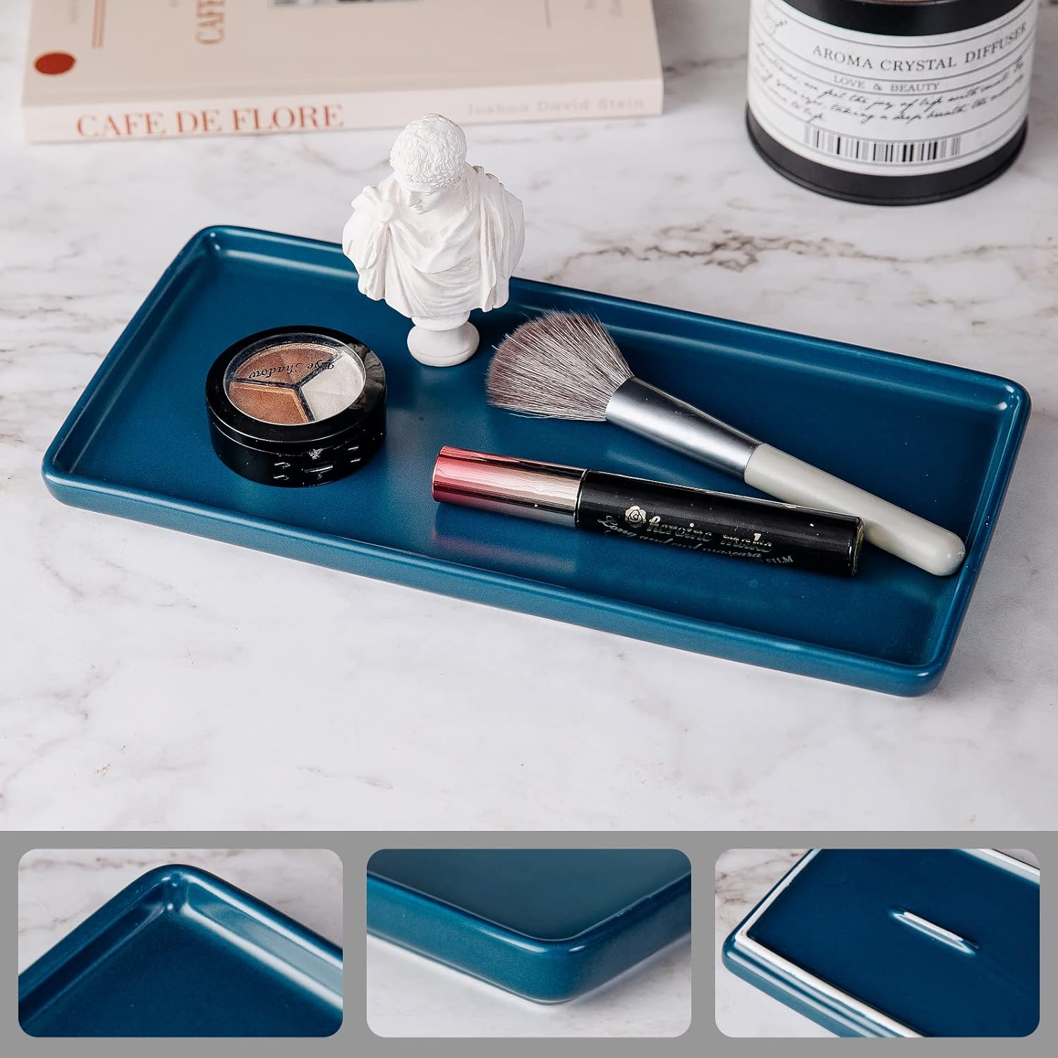 KITCHENLESTAR 10" Bathroom Tray for Counter, Ceramic Vanity Trays for Bathroom, Small Rectangle Ceramic Trays, Kitchen Soap Tray, Ceramic Tray for Kitchen Counter, (Blue,10", Set/1) : Home & Kitchen