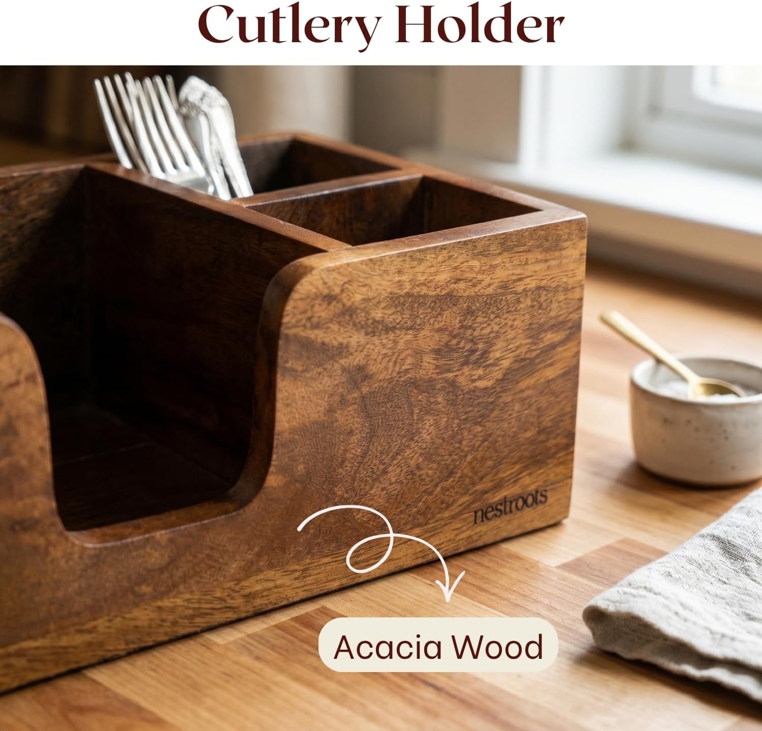 nestroots Silverware & Napkin Holder, Acacia Wood Utensil Cutlery Holder image 4