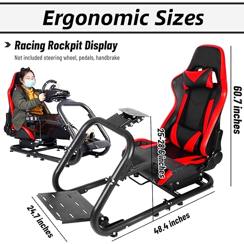 Miniatura 6 de Minneer Soporte de rueda de carreras con simulador de asiento rojo real marco de dirección para juegos compatible con ruedas y pedales T500 T30