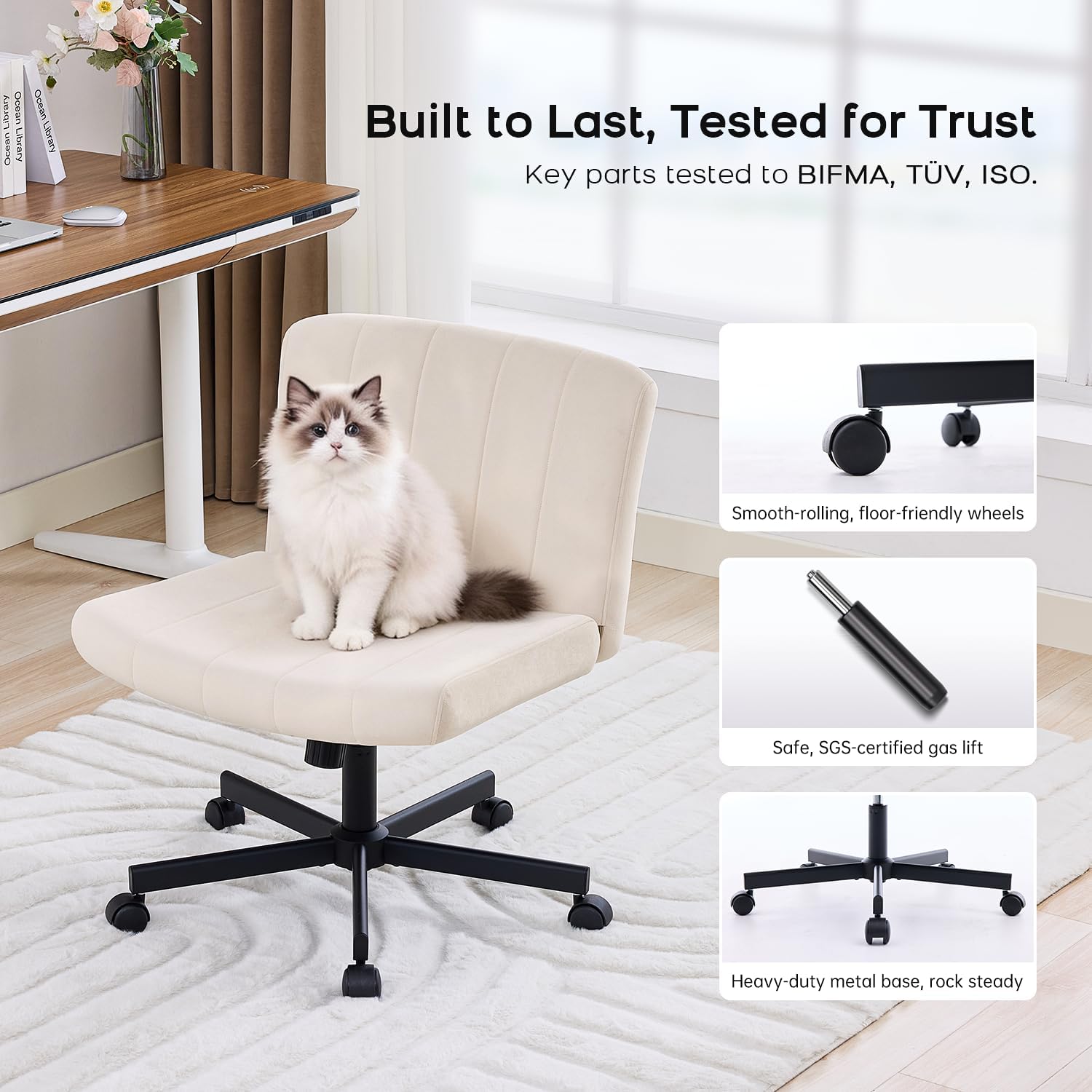 LukkDys Criss Cross Chair with Wheels, Wide Cross Legged Desk Chair, Comfy Fabric Vanity Chair for Home Office Bedroom, Adjustable Armless Swivel Task Chair with 90–115° Tilt, Beige