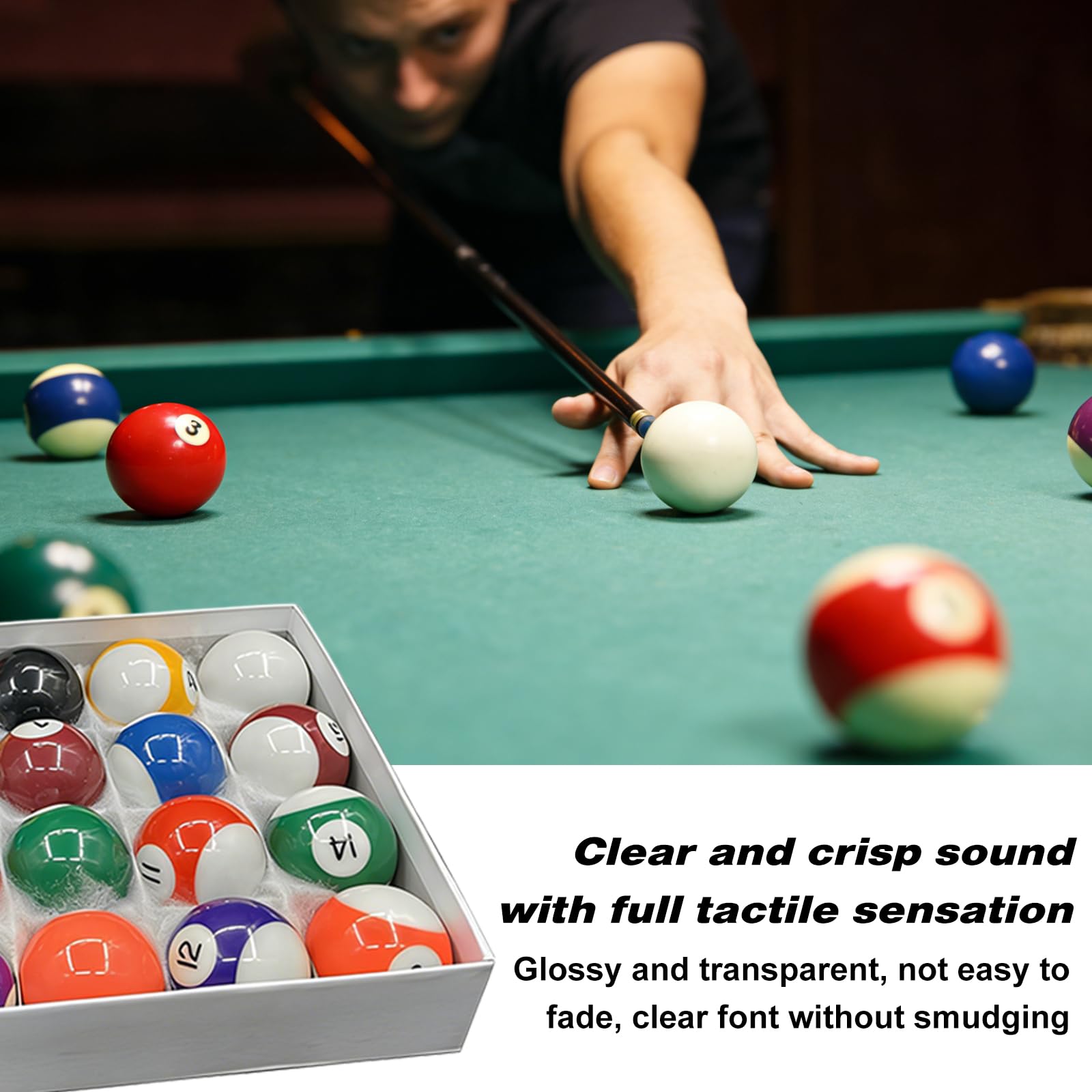 BORDEAG Lot de 16 boules de billard de 52,5 mm - Boules de billard de qualité supérieure - En résine phénolique durable - Table de piscine standard - Pour salle de jeux et salle de loisirs