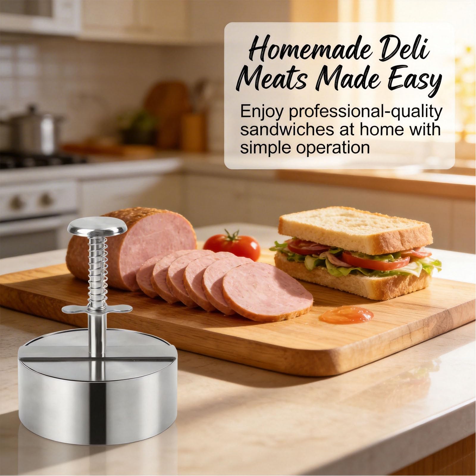 Molde de acero inoxidable para prensa de carne con termómetro y mecanismo de resorte, perfecto para carnes caseras de jamón y almuerzo, ideal para cocinar saludable en casa