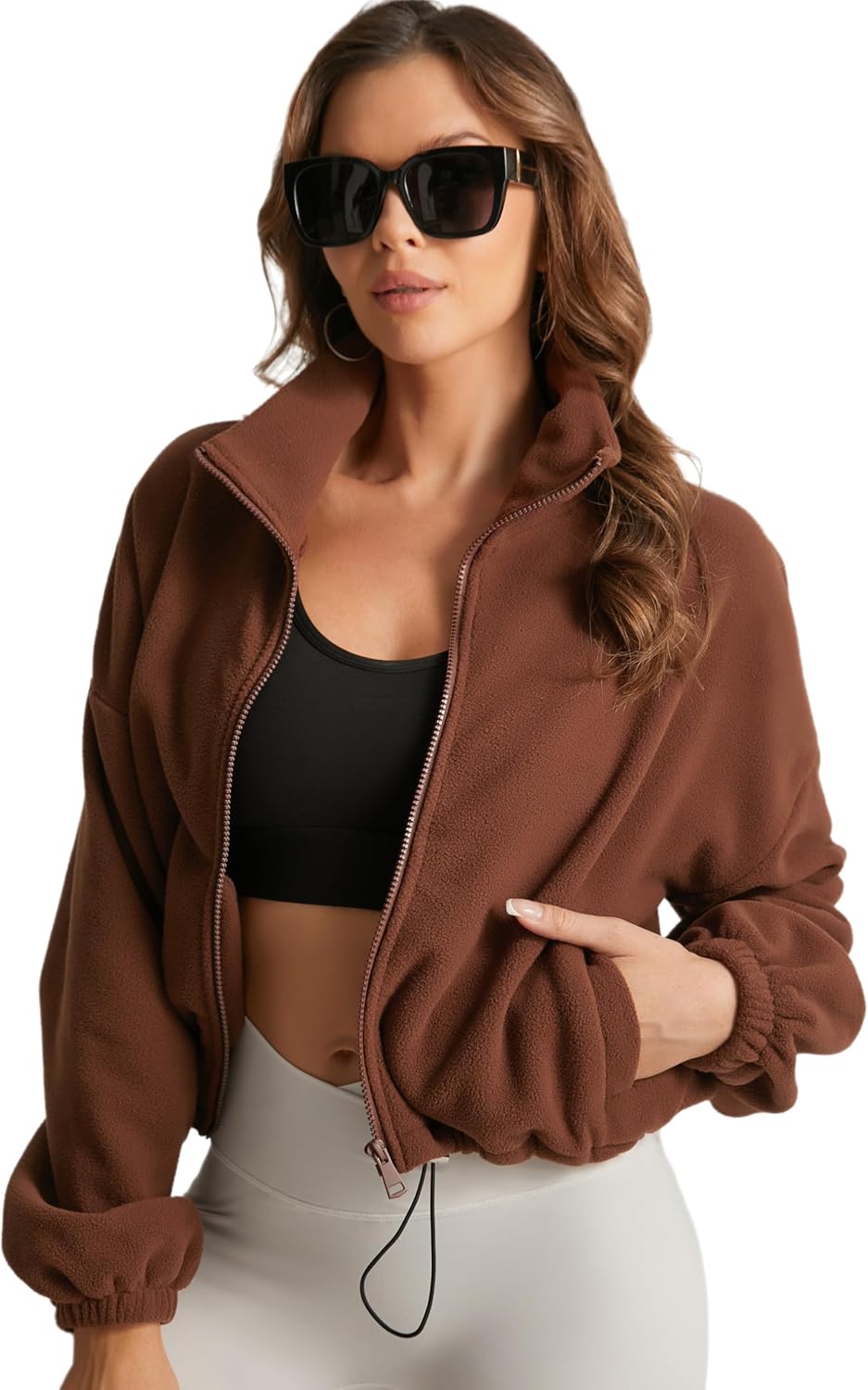 Women's Cropped Sherpa Jacket Full Zip Cozy Fleece Coat with Stand Collar & Side Pockets