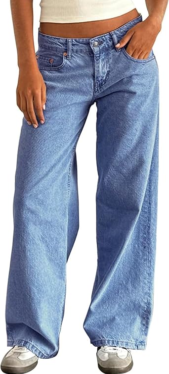 Womens Wide Leg Low Waisted Baggy Jeans Casual Loose Y2K Boyfriend Straight Denim Pants