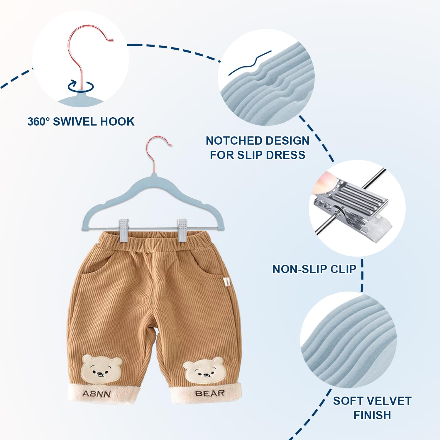 Wellong Cintres Velours avec Pinces, 14 Pièces de Cintres en Velours pour Enfants, Cintres Robustes pour Enfants pour Chemises, Pantalons, Jupes
