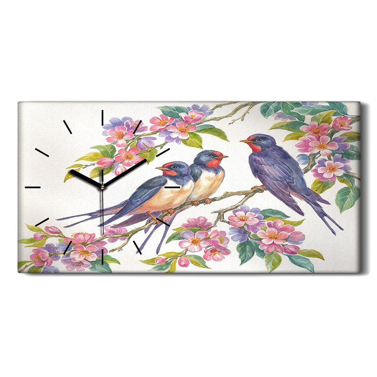 Horloge sur Toile Fleurs et Oiseaux Coloray | Idée Cadeau Déco Salon 60x30cm