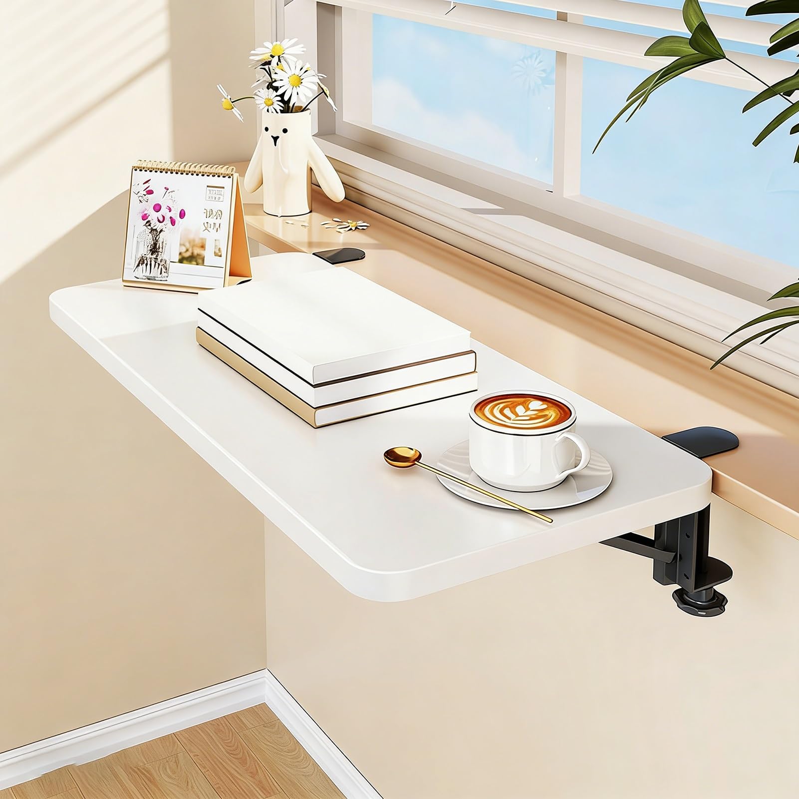 Mesa de alféizar plegable de madera con LED para huerto urbano en ventanas de cocina