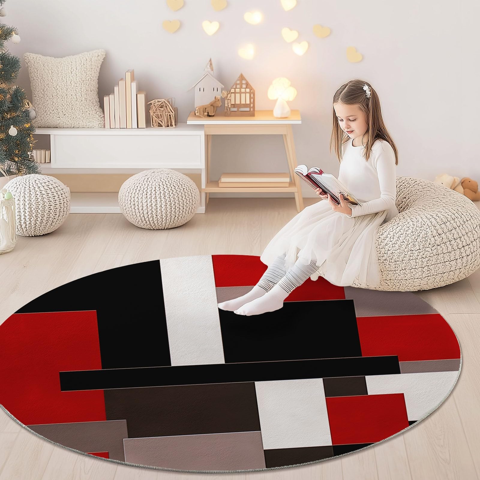 Tapis Rond Motif géométrique Minimaliste Rouge et Noir Tapis de Chambre 120 cm (Round) Adulte Doux Machine pour Salon Antidérapant Imprimé pour Salle à Manger, Chambre d’Enfant Nurserie Rouge Noir