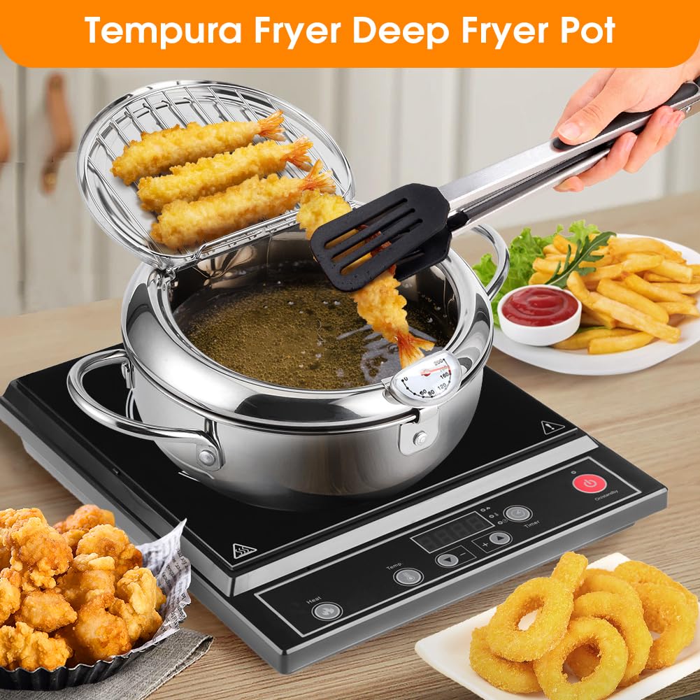 Japanse Frituurpan - Mini Friteuse Diameter 14cm - Mini Frituurpan Milieuvriendelijk Kleine Frituurpan Roestvrijstaal Makkelijk Schoon Te Maken Met Thermometer Groen