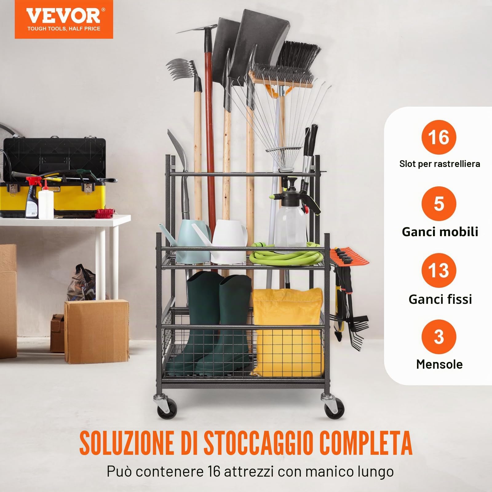 VEVOR Porta Attrezzi da Giardino 16 Slot Ganci, Organizzazione Stoccaggio in Metallo PP con Ruote per Garage Officina