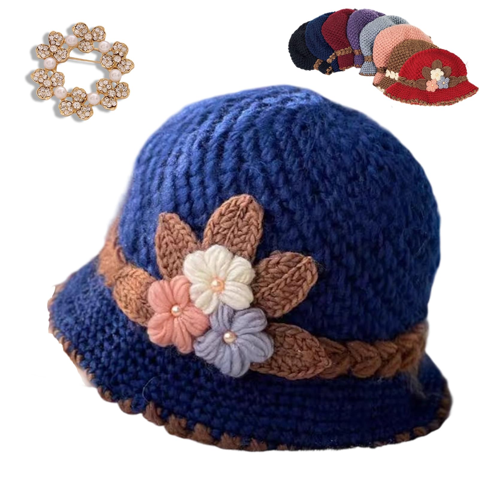 HOPASRISEE Women's Flowers Knitted Woolen Hat, Women's Classic French Beret Warm and Windproof Knitted Crochet Flower Knitting Hat, Breathable Knit Skullcap Ladies Winter Hats (Blue)