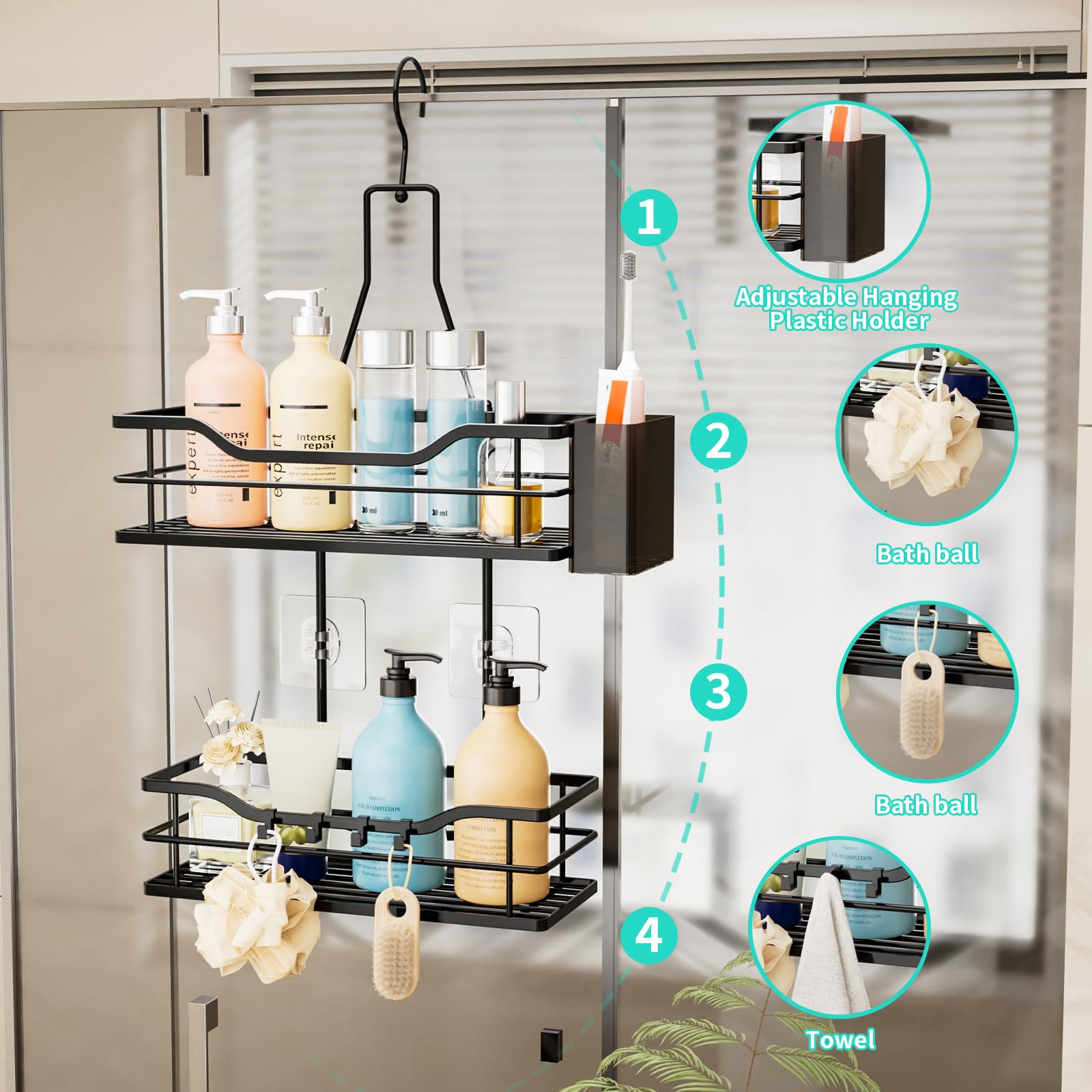 HapiRm Wiszący organizer prysznicowy – 2-poziomowy organizer łazienkowy z obrotowym hakiem górnym o 360° i 4 haczykami, czarny, nierdzewny, wiszący regał prysznicowy na szampon, odżywkę i