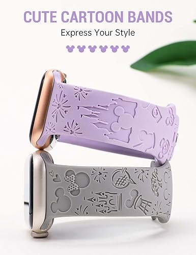 Miniatura 2 de Paquete de 2 correas de silicona suave con grabado de dibujos animados compatibles con Apple Watch Band de 384041424445461.929 in para mujer, bonita