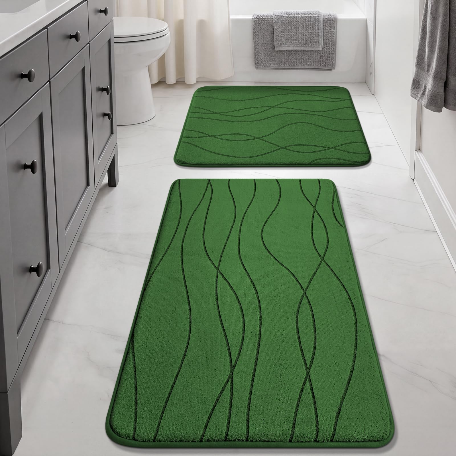 YIHOUSE Bathroom Rugs Set 2 Piece, Memory Foam Bath Mat Green