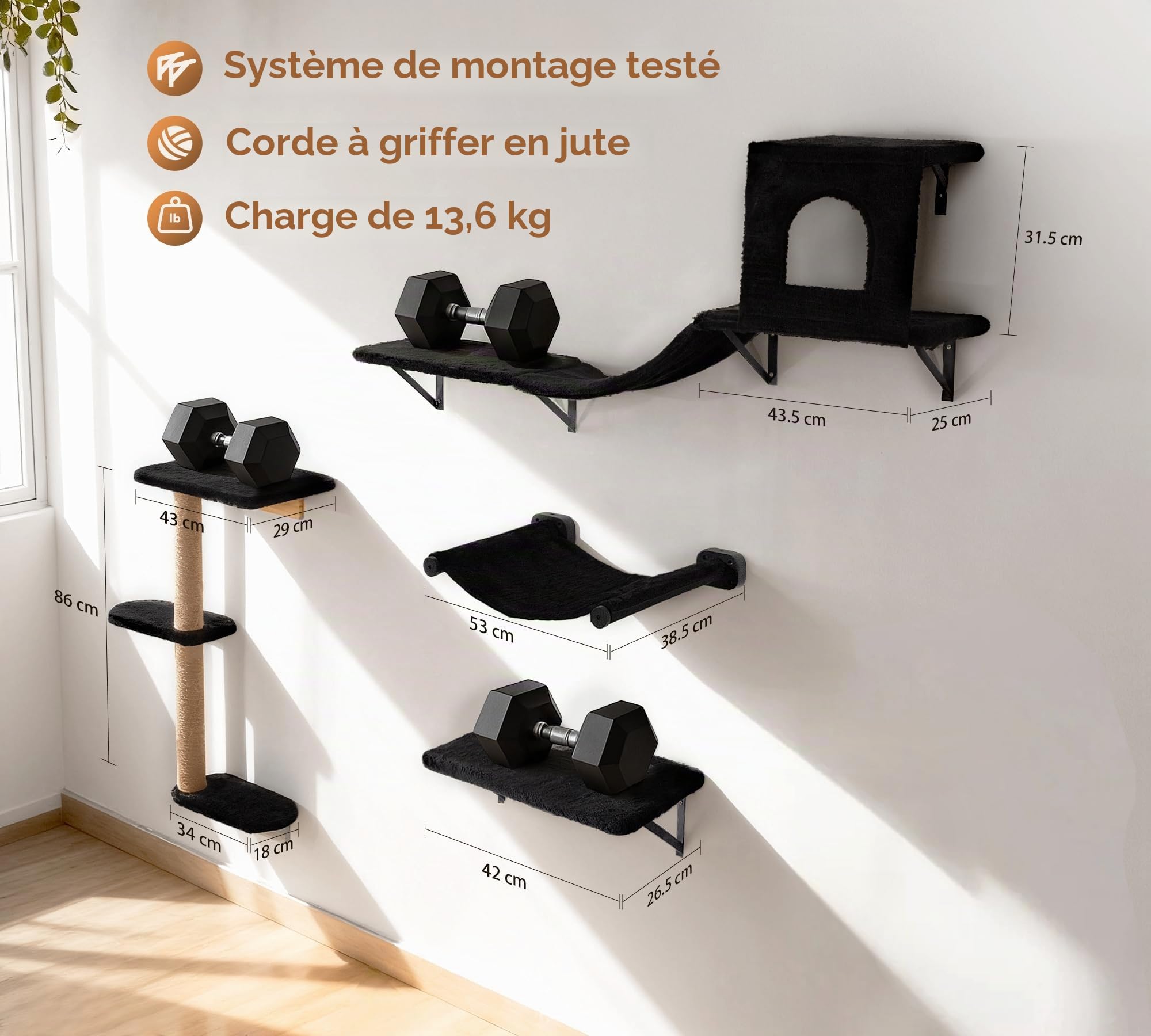 Étagères murales pour chats, ensemble de meubles muraux pour chats 4 en 1, ensemble stable de cadre d'escalade mural pour chats d'intérieur, arbre à chats avec griffoir, plateforme, hamac et maison