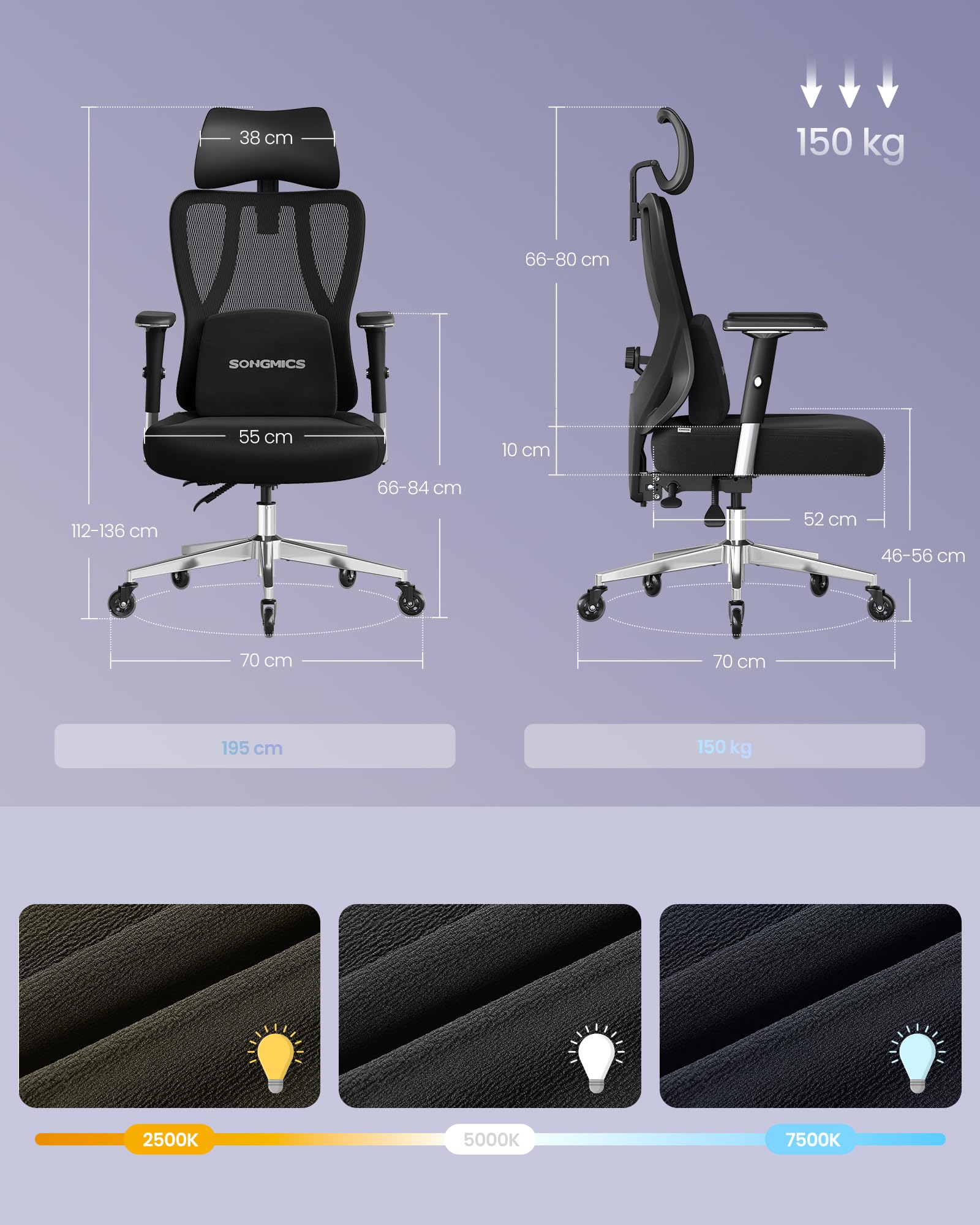 SONGMICS Ergonomiczny fotel biurowy, fotel gamingowy, regulowane podparcie lędźwiowe, zagłówek, podłokietniki, odpowiedni dla osób o różnych gabarytach, nośność do 150 kg, kolor czarny OBN067BH01