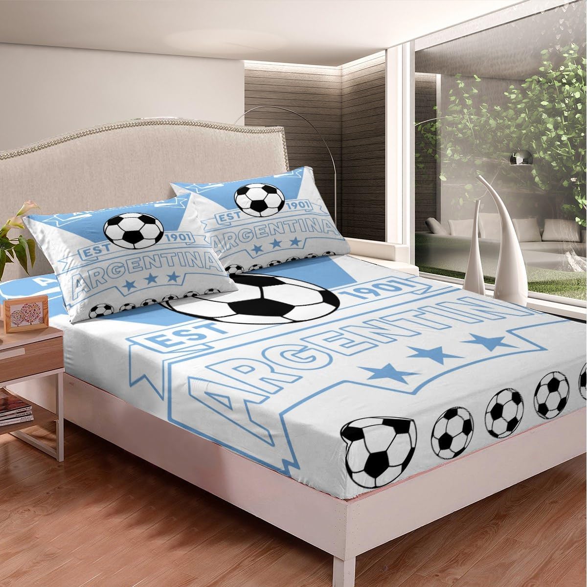 Feelyou Football Sport Bedding Sheets Queen Soccer Theme for Kids Boys Bed Sheet Set Argentina Teens Fitted Sheet Blue White Bed Cover 3Pcs,1 Fitted Sheet+2 Pillow Sham（No Flat Sheet）