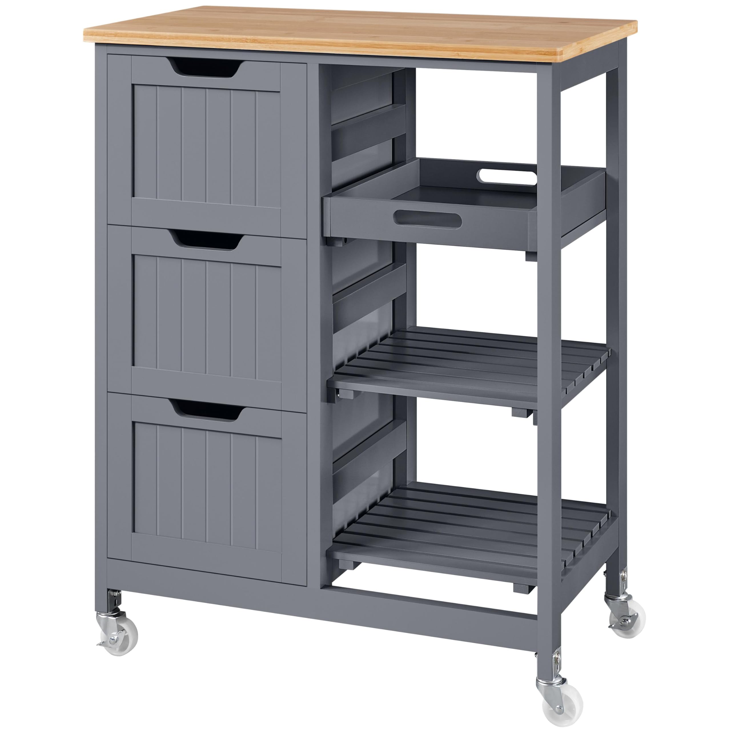 Yaheetech Carrito de Cocina 4 Ruedas Carro de Almacenamiento con 3 Cajones y 3 Estantes Carrito de Servicio de Madera 67 x 37 x 84,5 cm Gris Oscuro