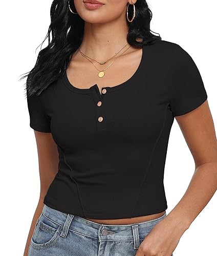 GRECERELLE Crop Summer Tops, Casual T Shirts, Henley Collar Crew Neck - XXL - Black