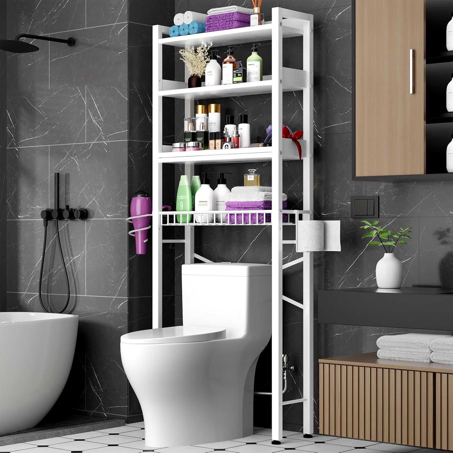 Over The Toilet Storage Cabinet,4 Tier Bathroom Organizer and Storage With Adjustable Shelf Waterproof Feet Pad and Basket Multifunctional Space Saver Freestanding Bathroom Shelves With Dividers White