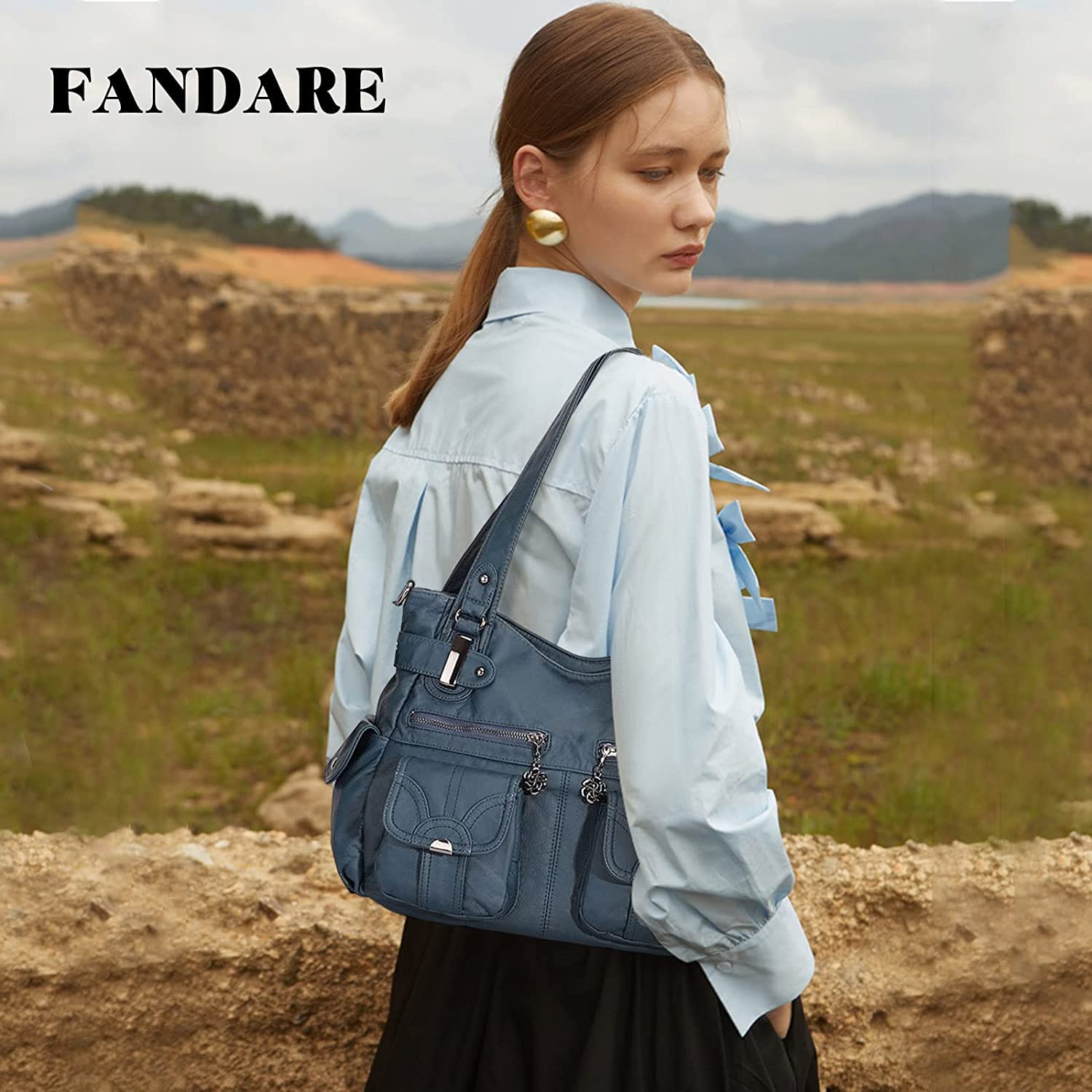 FANDARE Borsa a tracolla da donna, in pelle sintetica, impermeabile, per shopping, viaggi, lavoro, messaggeri, Blu, L, Elegante