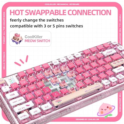 Yunzii Coolkiller Ck75 Wireless Hot Swappable Mechanical Keyboard, Transparent Acrylic Gasket Mounted Keyboard For For Windows/Mac(Meow Switch,Peach Pink) #TOP5