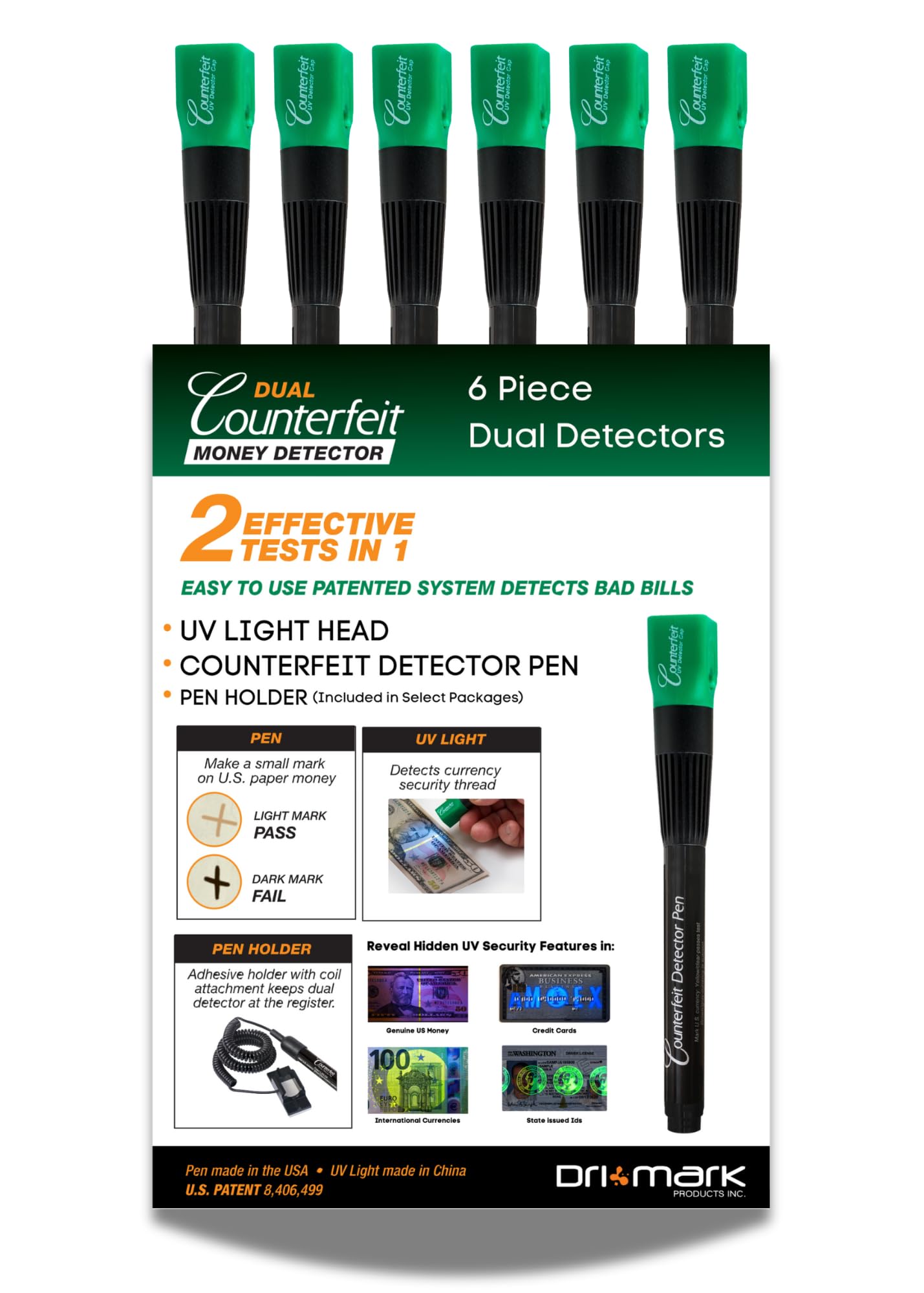 Dri Mark Dual Test Counterfeit Money Detector Pen, UV Light 6 Pack - Fake Money Bill Checker, Tests for Security Strips and Authentic Currency Paper, 6 UV Light/Pens