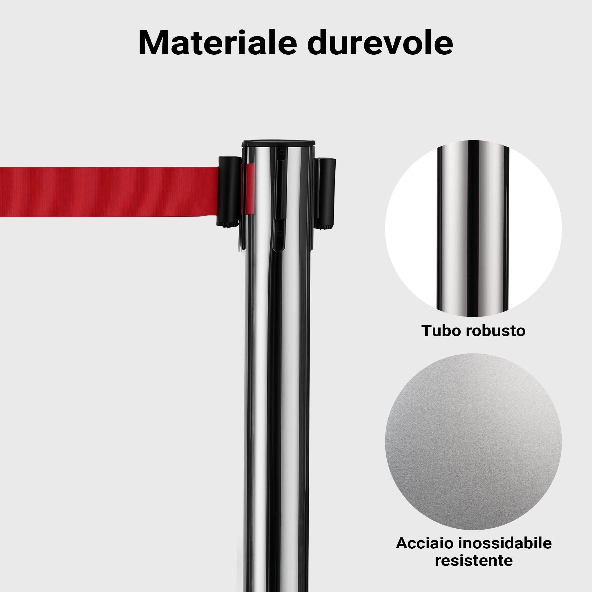 Wiltec Colonnine tendinastro 320 x 70 x 900 mm, Set 2 paletti delimitatori in acciaio inox con nastro rosso