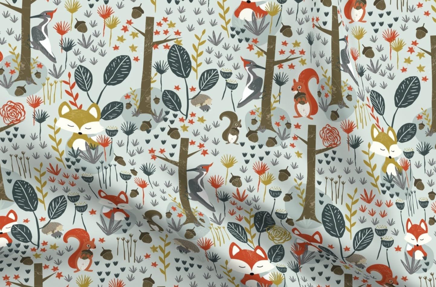 Spoonflower Fabric - Rustic Woodland Animals Autumn Fox Squirrel Hedgehog Woodpecker Printed on Cotton Poplin Fabric by The Yard - Sewing Shirting Quilting Dresses Apparel Crafts