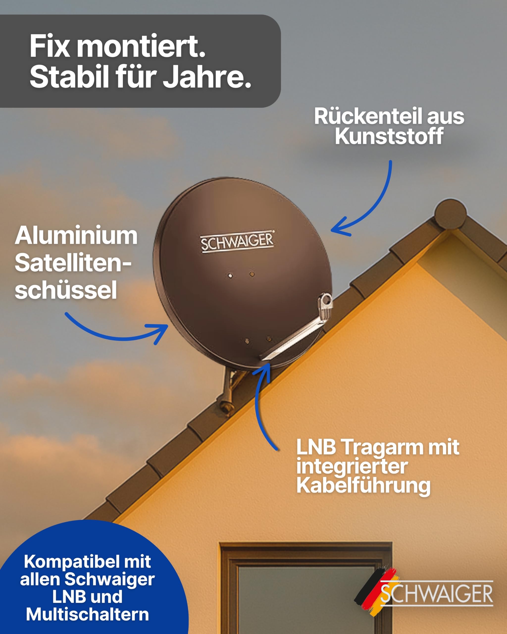 SCHWAIGER Satellitenschüssel Ø 80 cm Aluminium Offset Antenne Anthrazit Quad LNB 4-Fach Digital HD 4K Empfang wetterfest