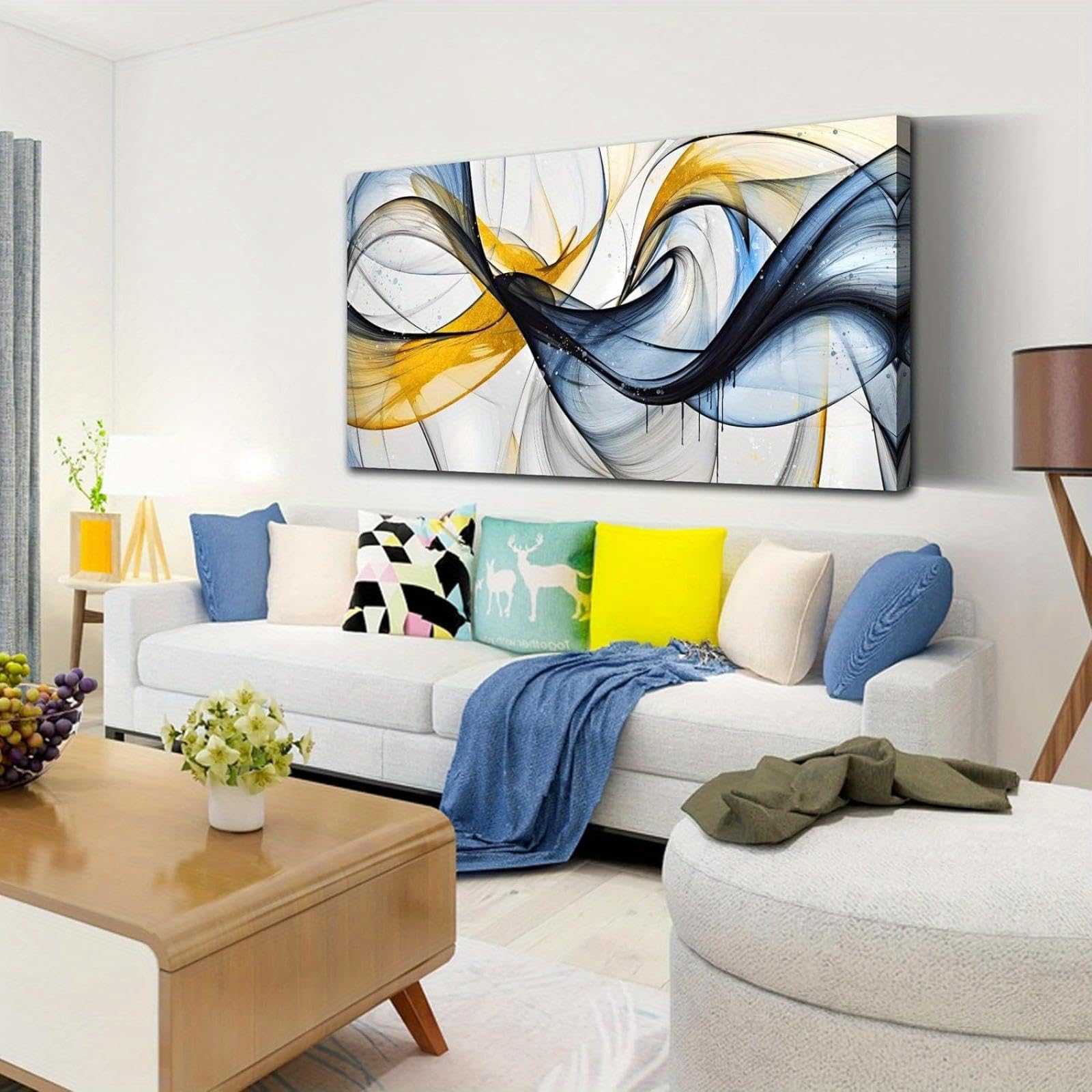 Modern Abstract Canvas Wall Art Blue Yellow Swirling Design Minimalist Painting Pictures for Bedroom Living Room Decor 70x140cm(28x55in) Withframe