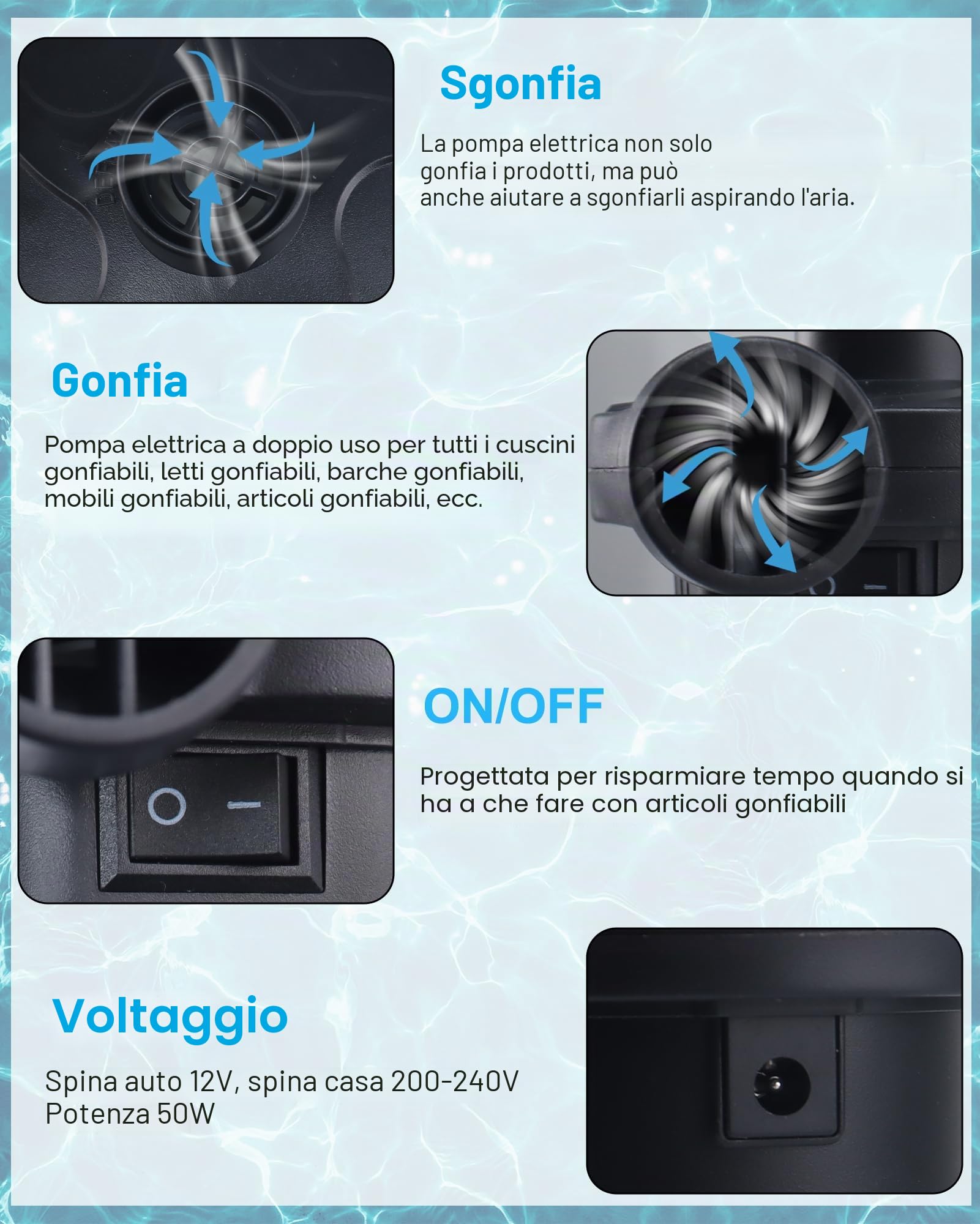 Pompa ad aria elettrica, pompa ad aria per materasso ad aria 2 in 1, pompa elettrica gonfiabile e sgonfiabile, pompa ad aria portatile per materasso, piscina, materasso ad aria, barca galleggiante