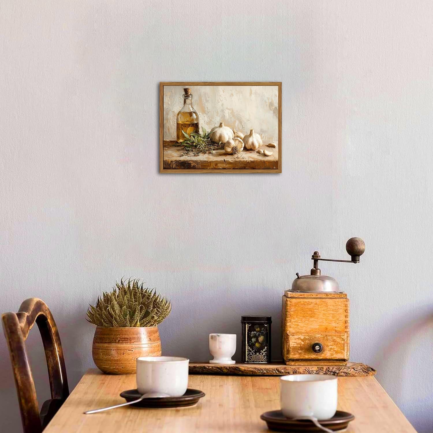 Framed Vintage Kitchen Canvas Wall Art, Rustic Garlic and Herbs Pictures Wall Decor, Neutral Still Life Paintings Prints Aesthetic Home Decor for Farmhouse Dining Room Living Room 12x16 inch