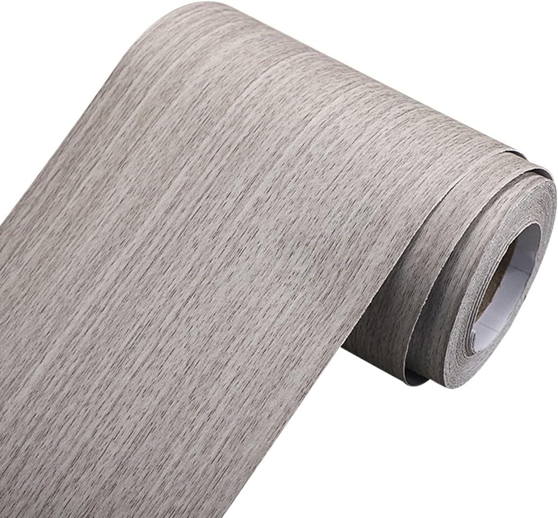 Vinyl Wood Grain Wallpaper Border Sticker, 23.62" x 196.85" Self-Adhesive Grey Wood Look Edge Trim Tape for Furniture, Door Frames, Floors