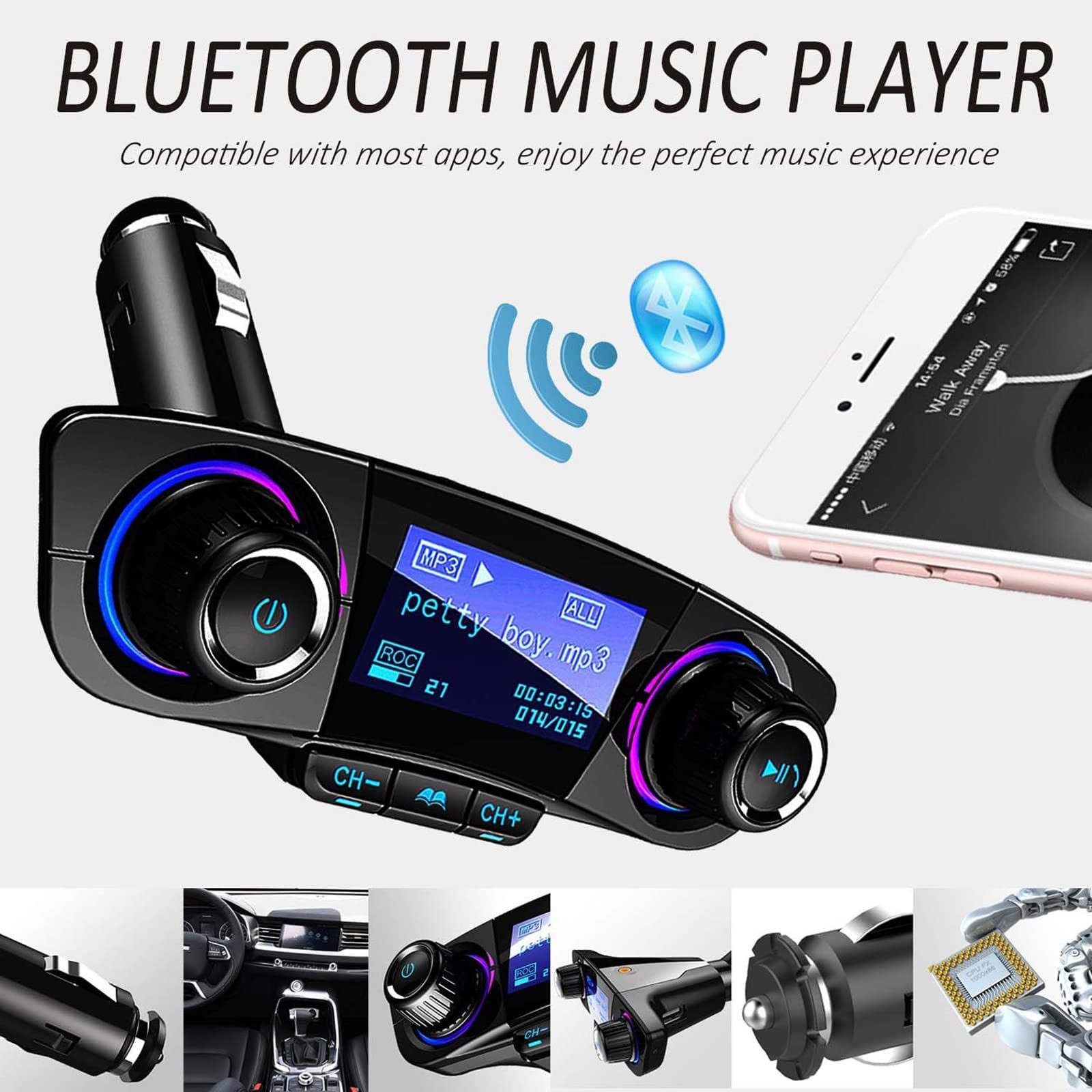 Bluetooth trasmettitore FM lettore MP3 kit vivavoce per auto wireless radio audio compatibile con Dual USB 5 V 2.1 A U disk TF Card