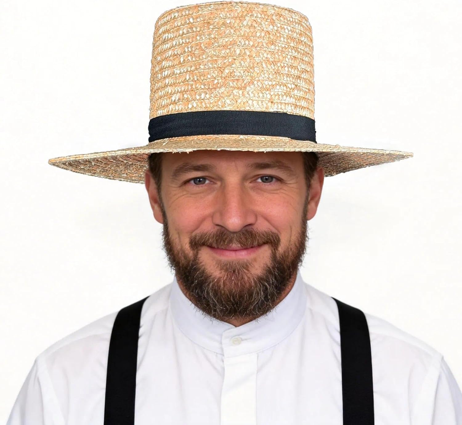 Amish Straw Boater Hat for Men Women Skimmer Hats 20's Vintage Style Flat Top Hat Wide Brim with Black Fabric Band Halloween Costume Accessory