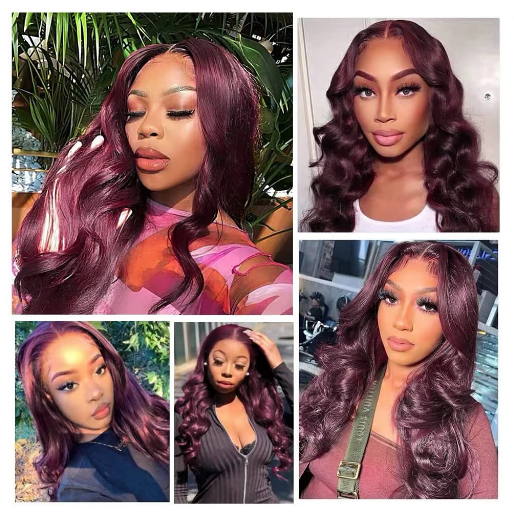 Burgundy Body Wave Lace Front Wigs Human Hair Pre Plucked with Baby Hair 180% Density 13x4 HD Transparent Glueless Lace Frontal Wigs for Women Natural Hairline (24inch)