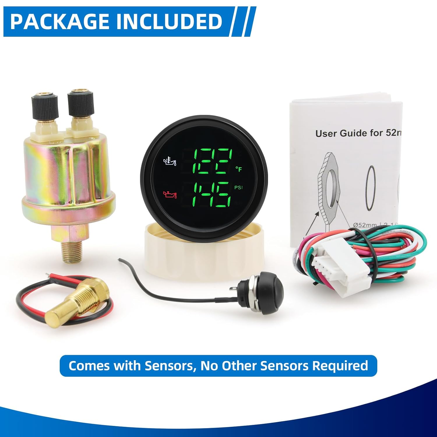MH AUTO Gauge Set - Oil Pressure (0-145PSI/ 0-10Bar),Oli Temp (122°F-302°F/ 50°C-150°C), Green Backlight Boat Gauge with Sensors 2" 52mm Marine Meter Kit for Car, Truck, Boat Engine Protection